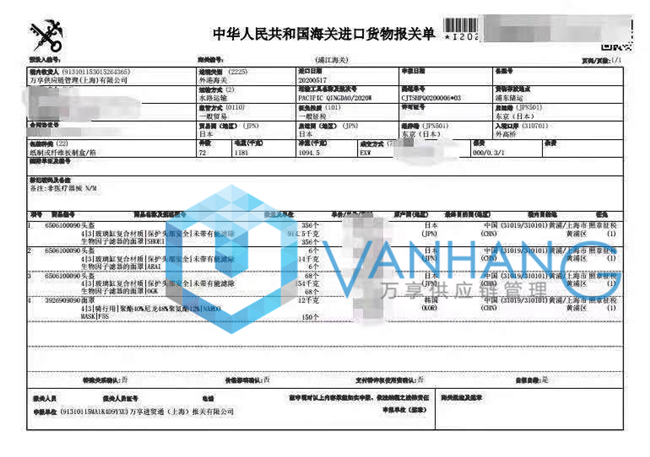 日本頭盔進(jìn)口報(bào)關(guān)單證資料